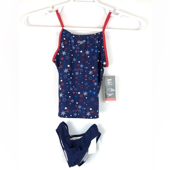 Speedo Girl’s Red White Blue Print Tankini Swimsuit Set Size 8 - Picture 1 of 3